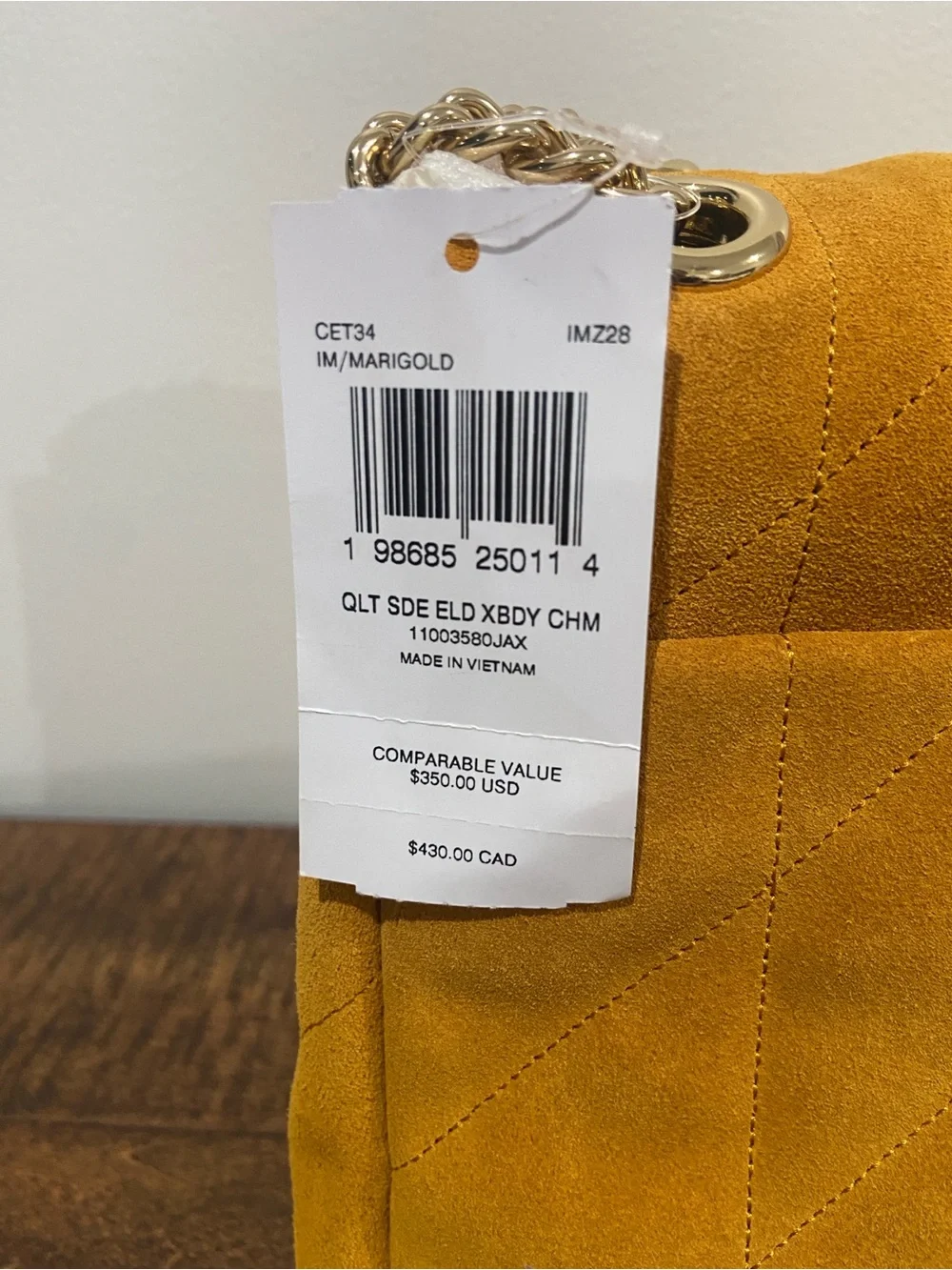 Coach Quilted Elodie Chain Shoulder Crossbody Bag- Marigold Suede